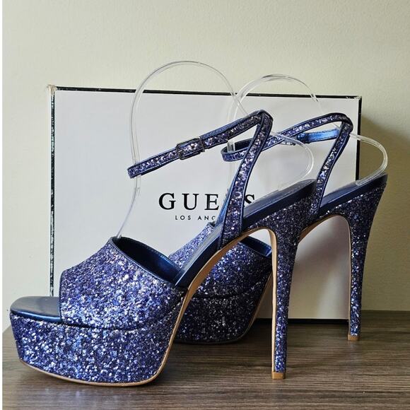 Guess Women's Tabyep Heeled Sandal Blue Glitter Size 10 NEW - Picture 1 of 7